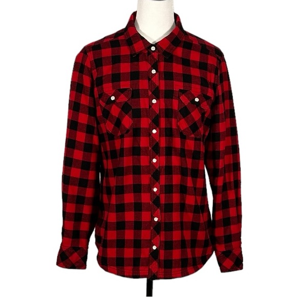 BC Clothing Plaid Black & Red Button Down Fannel Top - Size Large - Picture 1 of 9
